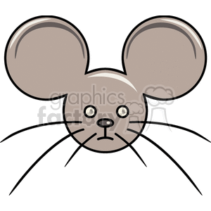 The clipart image depicts a simple cartoon-style drawing of a mouse. The mouse is characterized by large, rounded ears, a rounded head, beady eyes, a small nose, and visible whiskers. There is no intricate detail or shading, making it a clear and straightforward representation of a mouse suitable for various graphical uses such as educational materials, children’s books, or web graphics.