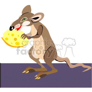 This clipart image depicts a cartoon rat standing on its hind legs and holding a slice of cheese. The rat is brown with a lighter brown belly, has large ears, a long tail, and a mischievous expression.