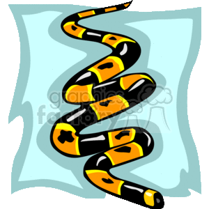 The image is a stylized clipart of a snake. The snake has a distinctive pattern of black and yellow, with some patches shaped like irregular spots or stars, which could be intended to mimic the coloration of some real-world snakes. The background is pale blue, and the snake appears to be twisting or coiled.