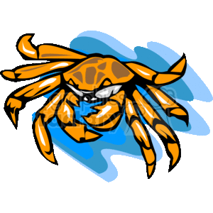 This clipart image features a stylized orange crab with a shell pattern, large claws, and multiple legs, seemingly floating or swimming in blue water waves.