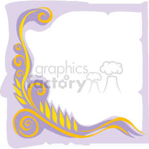 This is a decorative clipart image of a corner border or frame. It features stylized elements with curving lines and swirl motifs, primarily in shades of purple and yellow. This type of design element is often used to adorn the corners of pages, invitations, cards, or any other graphic design project that requires an ornamental touch. The central area is left blank, typically for text or other content to be placed. The design has a playful and elegant feel, suitable for a variety of decorative purposes.