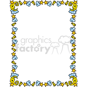 This is a decorative border featuring a night-time theme. It includes a smiling crescent moon wearing a nightcap, fluffy clouds, yellow stars, and smaller golden bells. The elements are arranged in a repeating pattern to create a frame around the empty center of the image, which can be used to enclose text or other content. The clipart style is cartoonish and playful, suggesting it could be well-suited for children's materials or anything related to bedtime or sleep.