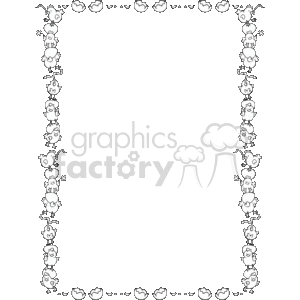 The image features a decorative border designed with Easter-themed elements. The border is made up of alternating images of Easter eggs and chicks. Each corner of the border has a larger design of a chick hatching from an egg, while the sides and the top and bottom have a repeating pattern of smaller chicks and eggs. The entire image is rendered in black and white, suitable for a coloring activity or as a monochrome decorative element for Easter-themed materials.