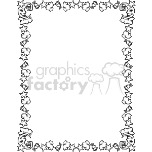 This clipart image features a decorative border themed around nighttime and sleep. The border includes repeated motifs of crescent moons, each adorned with a sleeping face, and stars of various sizes. The design is monochrome, and the moons and stars create a whimsical frame that could be used for a variety of purposes, such as surrounding text on a page, enclosing a nighttime scene, or accentuating content related to sleep or dreams.