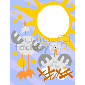 The clipart image features a frame or border with a whimsical design. Within the border are two illustrated chickens, one at the top and one at the bottom, set against a stylized background with a large sun in the center. The chickens are depicted in a cartoonish style with exaggerated features such as large wings and feet. The sun has rays radiating outward and the background consists of blue with white shapes that could represent clouds. The chickens appear to be in front of what might be hay or a nest. The overall feeling is playful and colorful, suitable for a child-friendly theme or decorative purpose.