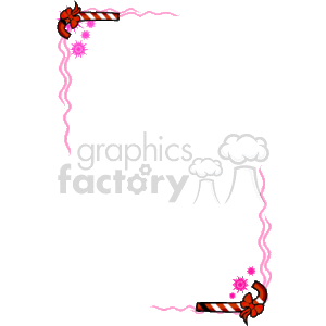 This is an image of a decorative Christmas-themed border or frame. It features elements such as candy canes and pink snowflakes. The candy canes are designed with traditional red and white stripes, and they are intertwined with pink ribbons that have a slight spiral pattern on them. This type of border is typically used for framing holiday messages, photos or used as part of Christmas stationery or decorations.
