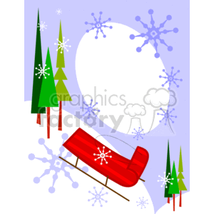 The clipart image features a winter holiday theme. It includes a red sleigh or toboggan in the foreground, positioned on what appears to be snowy hills. There are pine trees in the scene, suggesting it's a mountainous or hilly winter landscape. Snowflakes of various sizes are scattered throughout the image, enhancing the snowy and cold atmosphere. The composition also accommodates a large oval space, likely intended for text or additional imagery, flanked by the winter elements. The overall impression is that of a festive Christmas or winter holiday greeting card or decorative border.