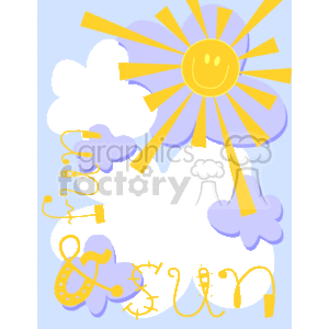 The clipart image shows a stylized sun with a smiling face in the center. Rays emanate from the sun, stretching out towards the edges of the frame. In the background, there are clouds — some of which are decorated with playful squiggles and shapes in a contrasting yellow color. The overall theme suggests a happy and sunny day, perhaps depicting summer or nice weather. The image could be used as a decorative frame or border for various projects, invoking themes of joy, vacation, and outdoor fun.