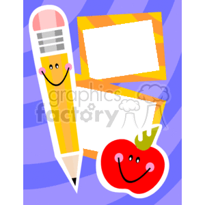 The clipart image features several elements associated with education: a pencil with a friendly face, a stylized apple with a smiling face and a leaf, and two overlapping picture frames or borders with blank centers that could be used for text or further graphics. The background has a purple and blue diagonal striped pattern. The overall vibe is vibrant and playful, making it suitable for educational contexts like school announcements, classroom decorations, or teaching materials.
