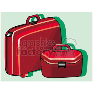 The clipart image shows two pieces of luggage. On the left is a larger suitcase, and on the right is a smaller travel case or vanity case. Both items have a similar design, characterized by a red color with stripes. They look like traditional hard-shell cases and would typically be used for traveling or storing items.