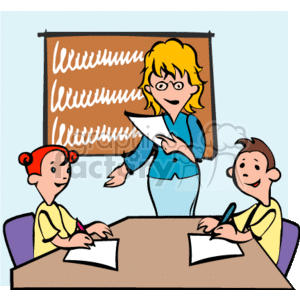 The clipart image depicts a classroom setting. There is a teacher standing at the front with a paper in her hand, possibly explaining an assignment or going over notes. Two students are sitting at a desk in front of her, each with a piece of paper, likely taking notes or working on an assignment. The teacher appears cheerful and enthusiastic, while the students seem attentive and happy. There's a blackboard in the background covered with repeated cursive lettering, indicating a writing or penmanship lesson.