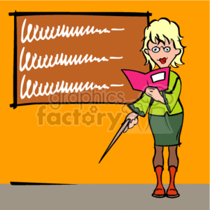The clipart image shows a cartoon representation of a female teacher standing next to a blackboard. She is holding a pointer in one hand and an open pink book or folder in the other. The blackboard features horizontal lines that suggest writing or chalk marks. The teacher appears enthusiastic or engaged in teaching and wears glasses. The background is a vibrant orange, and she appears to be wearing a green sweater, a knee-length skirt, and red boots.