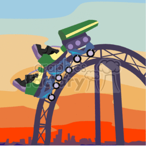 The clipart image illustrates a scene commonly associated with an amusement park: a roller coaster ride. The roller coaster has a series of cars, secured to the track, which loops and curves in an exciting fashion. In the background, there is a depiction of a warm, orange and yellow sky, likely signifying sunset, with the silhouette of a city skyline.