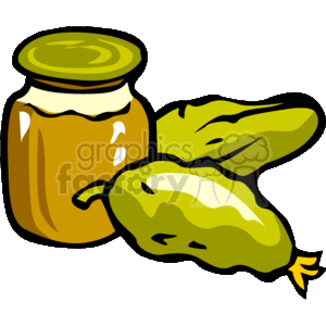 The clipart image depicts a jar of pickles with the lid on, accompanied by two whole pickles lying beside the jar. The pickles are stylized with a cartoonish appearance.