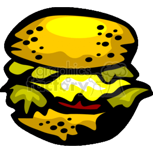 The image shows a stylized clipart depiction of a burger. The burger includes a top bun with sesame seeds, layers of cheese, lettuce, and a hamburger patty, with what appears to be a slice of tomato and possibly other condiments, all sandwiched between the top bun and a bottom bun.