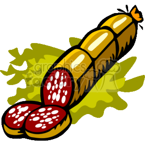 The clipart image displays a stylized representation of a pepperoni sausage with a tied end. Two slices have been cut from the sausage and lie in front of it, featuring the characteristic red color with small white spots, which represent the fat. The sausage is resting on what appears to be green lettuce leaves.