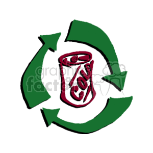 The image is a clipart representation of a crumpled aluminum soda can with the word Cola written on it. The can is enclosed within the recycling symbol, which consists of three green arrows in a triangular formation, indicating that the can should be recycled.