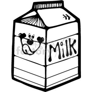 The clipart image shows a black and white milk carton with the words 'Milk'written on it, with a smiling face licking its lips on the other side of the box
