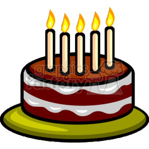 The image shows a cake decorated with candles. The cake is brown with white filling. There are several candles on top, with flames burning brightly. The cake is set on a flat green plate