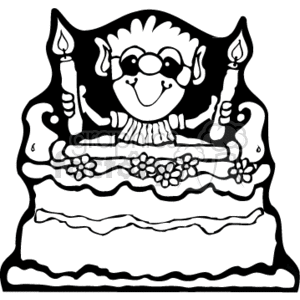 The clipart image depicts a stylized, fun birthday cake with a cartoon-like creature, reminiscent of a troll, popping out from the middle. The cake has two lit candles, and the creature is wearing sunglasses and has a wide, happy grin. Decorative elements on the cake include what appear to be icing layers and possibly some floral elements or piped decorations.