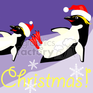 The clipart image features two cartoon-style penguins, both adorned with Santa hats, implying a festive, holiday theme. The background is purple, and there are snowflakes scattered around, enhancing the winter holiday feel. Both of the penguins appear to be sliding down a hillside. The word Christmas! is written in a joyful script at the bottom, adding to the festive Christmas ambiance of the image.