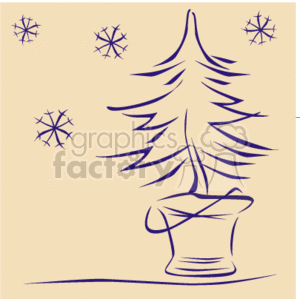 The clipart image displays a stylized drawing of a Christmas tree with a decorative pot at its base. Surrounding the tree are four snowflakes of varying designs, implying a winter or holiday setting.