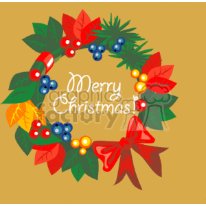 This clipart image features a Christmas wreath adorned with a mix of green foliage, red and yellow leaves, clusters of blue and red berries, and a prominent red bow at the bottom. Lit Christmas lights are interspersed throughout the wreath, giving it a festive glow. In the center, the phrase Merry Christmas! is written in an elegant cursive font. 