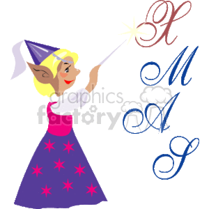 The clipart image depicts a Christmas elf girl. She is wearing a purple dress adorned with star motifs, a white apron, and a traditional elf hat. The elf is holding a wand that's trailing sparkles, and next to her are stylish calligraphic letters H, M, A and J.