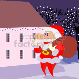 The image shows a stylized depiction of Santa Claus against a nighttime backdrop. Santa is featured with his traditional red and white suit, a big brown sack over his shoulder, and he seems to be tiptoeing or sneaking. Behind him is a house adorned with holiday lights, and the trees appear to be covered in snow, indicating a winter scene.