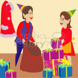 This clipart image depicts two Christmas elves, a man and a woman, surrounded by various wrapped presents. They are dressed in festive elf costumes complete with pointed hats. The man is holding a large brown sack, possibly filled with more gifts, and both elves appear to be happy and engaged in holiday activity. A Santa Claus coat is also visible in the background, suggesting the elves are in Santa's workshop or a setting related to Christmas gift-giving.