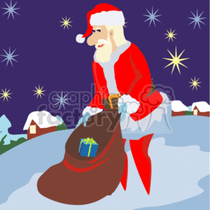 The clipart image features Santa Claus in his traditional red and white outfit standing in the snow with a large brown bag that appears to hold gifts, one of which is visible on top. It's night time, and the sky is dark blue with stars twinkling. In the background, you can see what seems to be small houses covered with snow, indicating a village or neighborhood.