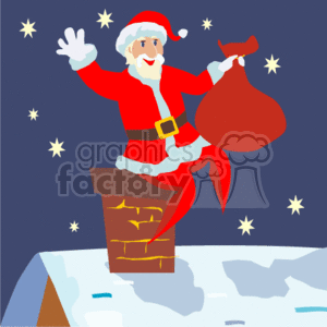 The clipart image depicts Santa Claus on a rooftop at night. He is sitting on the edge of a chimney with one leg raised, waving, and holding a sack, presumably full of gifts. The chimney appears to be attached to a snow-covered roof. The background is a dark blue sky dotted with various white stars. The overall atmosphere of the image suggests a joyful, festive holiday theme associated with Christmas.