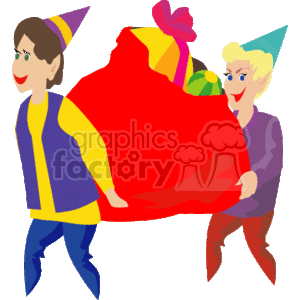 The clipart image features two elves carrying a large red gift bag filled with presents. Both elves are wearing festive elf hats and have cheerful expressions on their faces. The bag appears to be heavy, as it takes both of them to carry it.