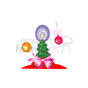 The clipart image contains a stylized representation of a lit candle behind a small Christmas tree decorated with a ribbon bow at its base. Hanging on each side of the candle are two Christmas bulb decorations—one pink and one orange—each adorned with a bow.