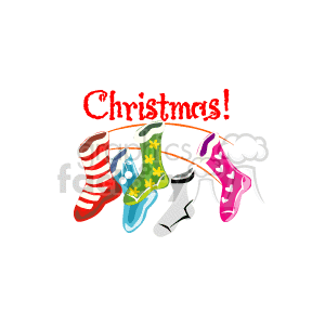 The clipart image features a collection of colorful Christmas stockings with various patterns hanging festively. The word Christmas! is displayed above them in a decorative font, emphasizing the holiday theme.