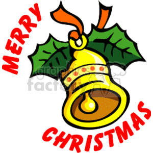 The clipart image contains a festive golden bell with a red ribbon at the top, adorned with holly leaves on either side. It has a traditional Christmas color scheme, and MERRY CHRISTMAS is written in bold, red, capitalized letters above and below the bell.