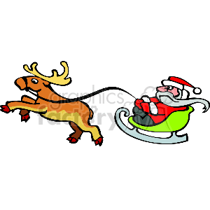 This clipart image depicts a single reindeer with large, prominent antlers pulling a green sleigh. In the sleigh, there is a character dressed in the traditional red and white outfit commonly associated with Santa Claus. Santa appears to be carrying a sack, likely filled with gifts.
