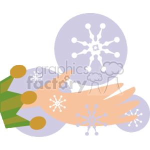 The clipart image depicts a pair of gloves adorned with snowflake patterns. There are also larger snowflake designs in the background. These visual elements commonly represent the winter season and are often associated with Christmas and other holidays during the cold months.