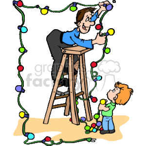 This clipart image depicts a family moment during the Christmas holidays. A father is standing on a stool, happily hanging colorful Christmas lights, while a child, holding a bulb, looks up at him, likely ready to help. The festive lights are strewn across the top and bottom of the image, symbolizing the decoration of a home for the holiday season.