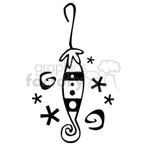 The image displays a stylized Christmas ornament, commonly used to decorate a Christmas tree during the holiday season. The ornament is elongated with a pattern of circles and has a hook at the top for hanging. There are also snowflakes and swirl decorative elements around it, suggesting a wintery theme.