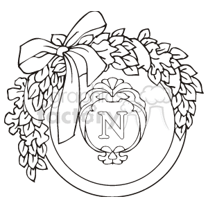 The clipart image depicts a Christmas wreath with a large bow at the top. In the center of the wreath, there's a round ornament with the letter N on it, possibly representing someone's initial. The wreath is adorned with what appears to be holly or pine branches.