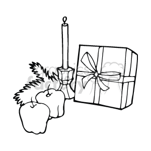 The clipart image contains three apples, a candle in a candle holder, and a gift with a ribbon bow. There are no additional details or colors as it's in a simple black and white line art style.