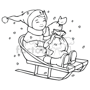 The clipart image features a child wearing a winter hat who is sledding on a sled. The child is smiling and seems to be enjoying the activity. There are snowflakes indicated around, suggesting it is snowing. The child appears bundled up for the cold weather, and the scene evokes a sense of winter joy and holiday spirit.