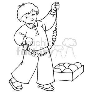 The image depicts a line drawing of a child, likely a boy, holding a string of Christmas ornaments. He appears to be in the process of decorating, as indicated by additional ornaments in a box on the floor next to him. The boy is smiling, suggesting he is enjoying the holiday activity.