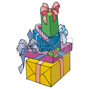 The clipart image shows a stack of colorful Christmas gifts, each adorned with a festive ribbon or bow. Some of the gift boxes have striped patterns, and one box has a holly decoration attached. There is a candy cane leaning against one of the boxes.