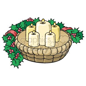 This clipart image depicts a festive Christmas arrangement. It features a wicker basket with three white candles inside, lit and emitting a warm glow. Surrounding the basket are sprigs of holly with red berries and green leaves, enhancing the holiday vibe of the arrangement.