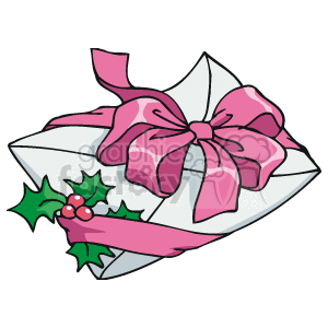 The clipart image features a Christmas-themed letter or card. It's decorated with a large pink ribbon fashioned into a bow on top. Below the bow, there's a sprig of holly with its characteristic green leaves and red berries, which adds to the festive holiday feel of the image.