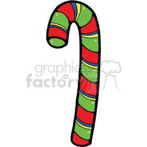 The image shows a colorful candy cane with stripes in various colors, primarily red and green, which are traditional Christmas colors. The candy cane has a classic hooked shape and looks like a typical holiday decoration or treat.