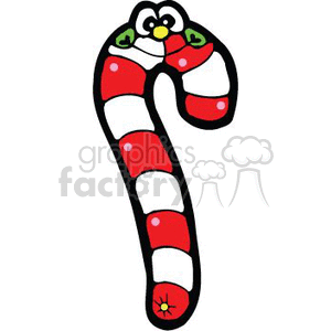 The clipart image features a whimsical Christmas candy cane with a silly face. The candy cane is decorated with red and white stripes and has green holly leaves with red berries at the curved top. The face has two eyes and a smile with yellow nose in the center.