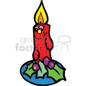 This clipart image features a smiling anthropomorphic red candle with a single flickering flame at the top. The candle is decorated with green holly leaves and purple holly berries, and it sits on a blue base that may represent a candle holder or decorative dish.